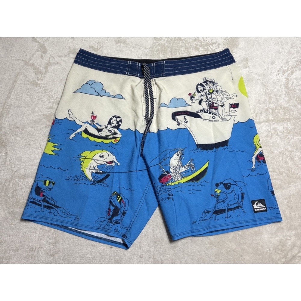 Quiksilver Board Shorts Mens 38 Multicolor Lake Have A Brew Boat Fish Graphic
